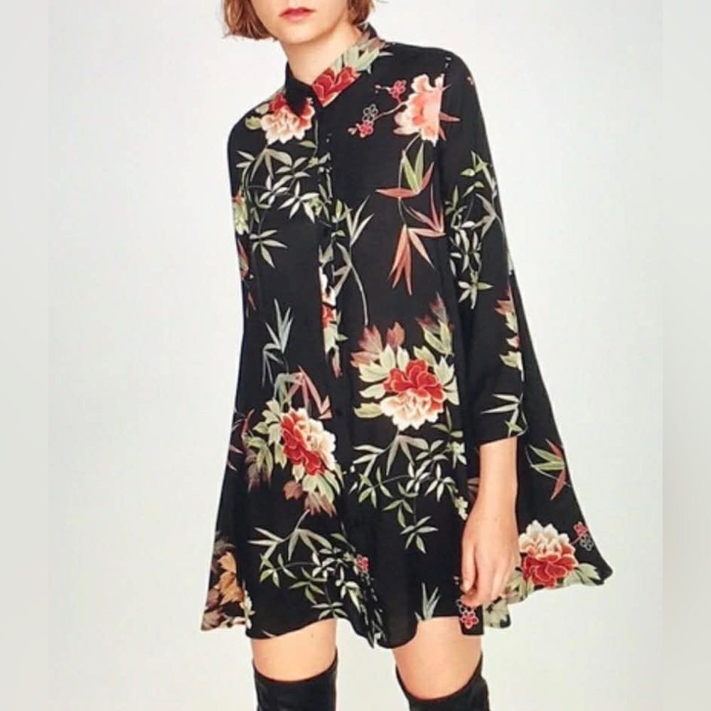 Zara Floral Print Maxi Shirt Dress
